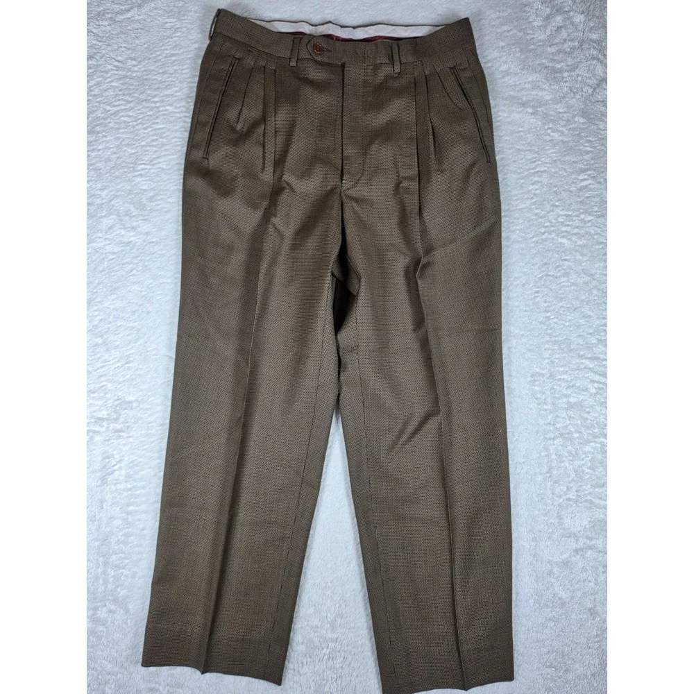 Canali Milano Full Suit Men 48(38) Brown Wool Micro-check 2-Button Pleated 32x29